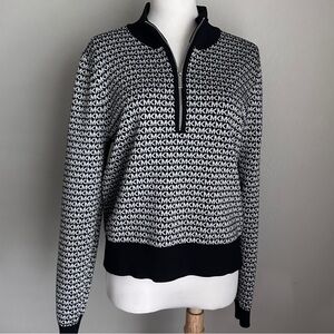 Michael Kors Black Silver Metallic XL MK Logo Knit Zip Neck Pullover Sweater Top